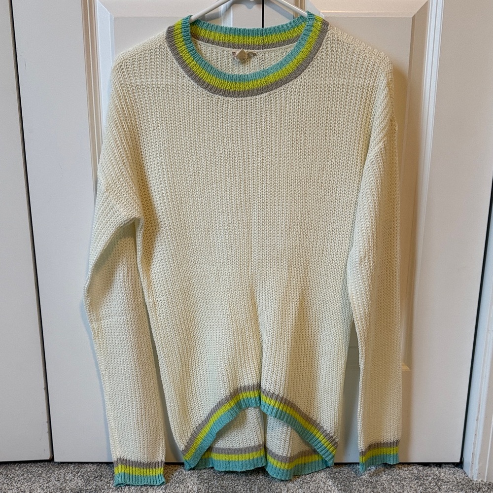 Hem & Thread Cream Sweater with Green and Yellow Trim